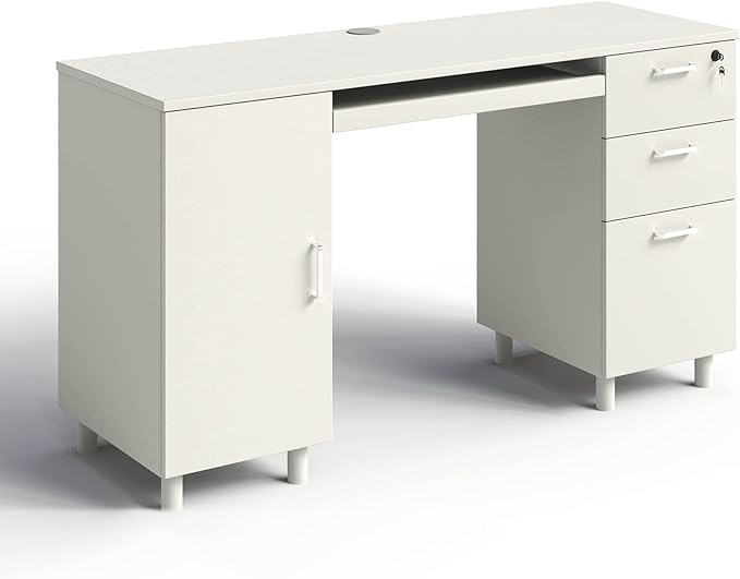 Modern Design Venice Computer Office Desk with 3 Locking Drawers and Storage Cabinet 53 Inch Home and Office Executive White Desk with Keyboard Tray by Crafts and Comfort