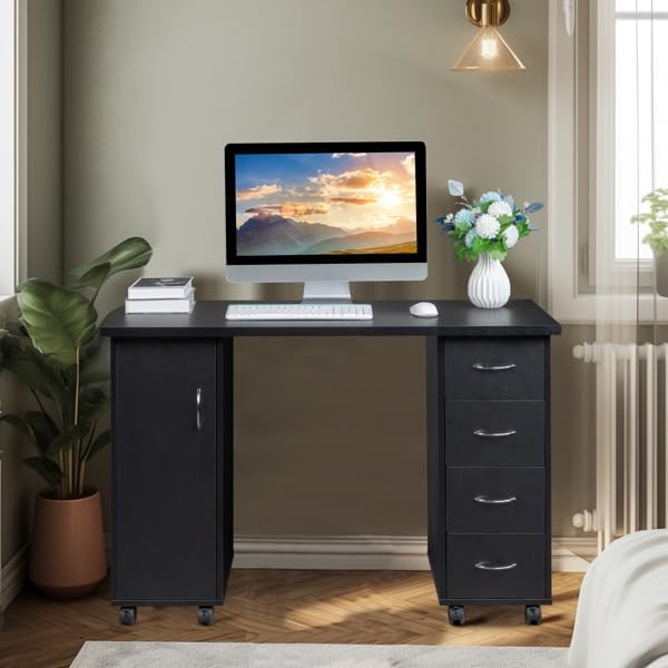 Black Computer Desk with 4 Drawers Mobile Home Office Desk Portable Laptop Desk Writing Table Space Saving Compact DeskComputer Desk with Wheels 47 Home Office Desk Portable Writing Laptop Desk