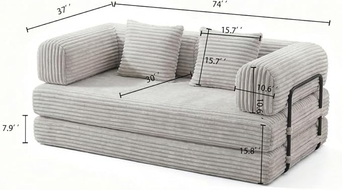 74 Compression Sofa Convertible Floor Sofa Bed with Pillow Back Support ArmrestComfy Futon Couch Sleeper BedLoveseats Boneless for Living RoomBedroom (Beige)