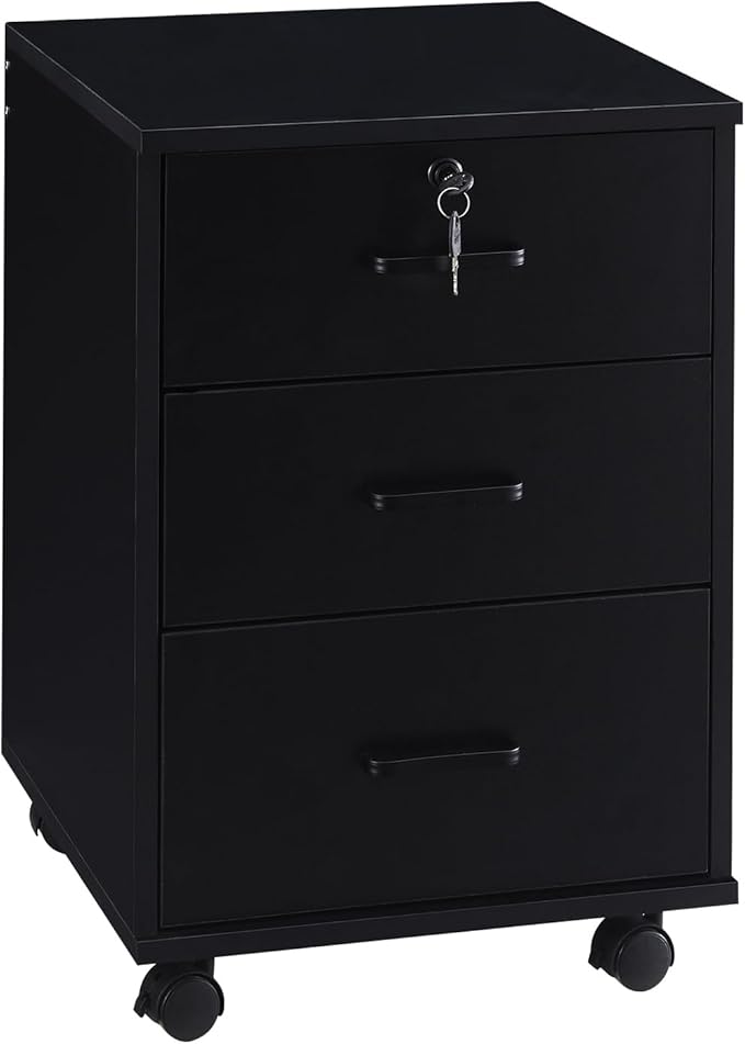 TUKAILAi Mobile File Cabinet with 3 Drawers Lockable Storage Unit Wooden Rolling Office Filing Cabinet with Wheels for Legal/Letter/A4 Sized Documents Home Office (Black 1PCS)