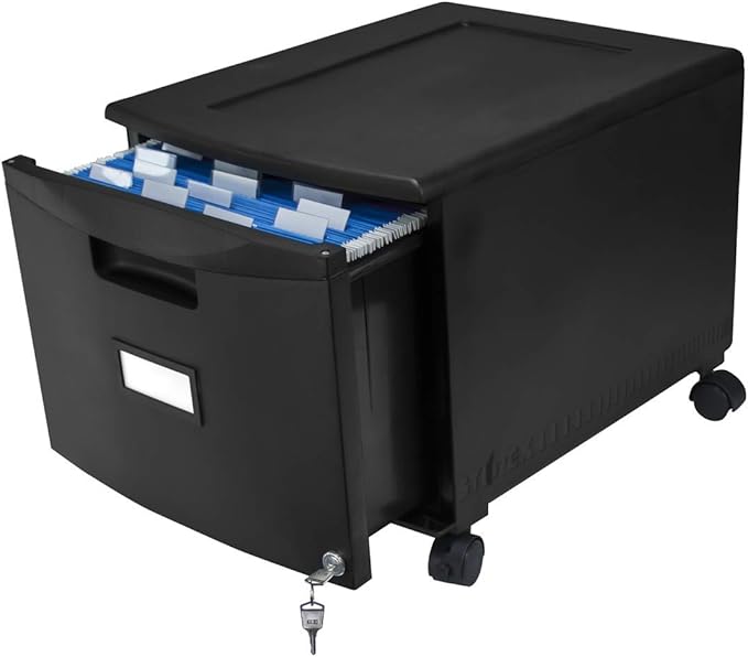 Storex Plastic One-Drawer File Cabinet – Locking Document Organizer with Casters for Home and Office Black 1-Pack (61264A01C)