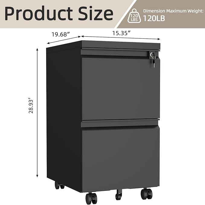 2 Drawer Mobile File Cabinet Office Storage Cabinet with Lock Wheels Metal Vertical File Cabinet for Under The Desk Home Office for Letters/Legal/A4 (Black)