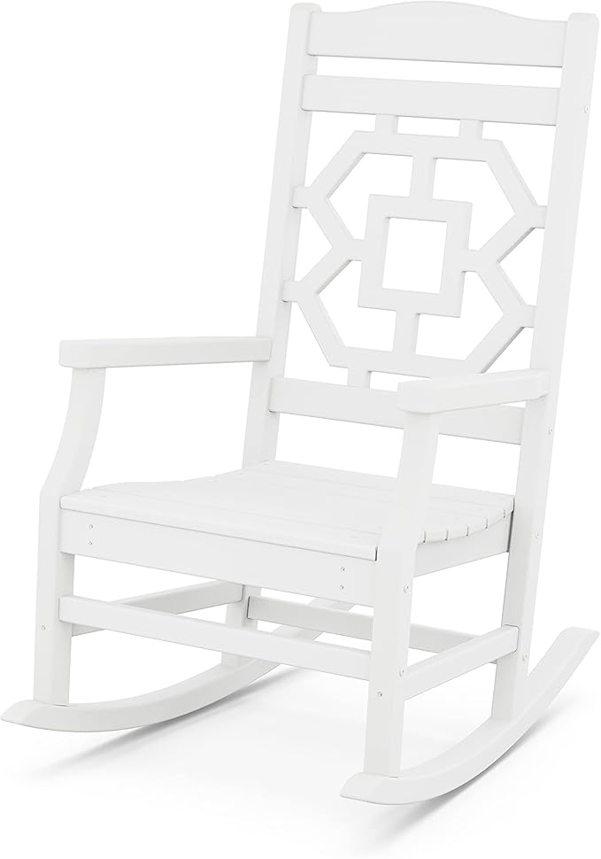 Martha Stewart by POLYWOOD Chinoiserie Outdoor Rocking Chair White Durable HDPE All-Weather Patio Furniture with Decorative Lattice Classic Porch Rocker for Deck Garden &amp Backyard Made in the