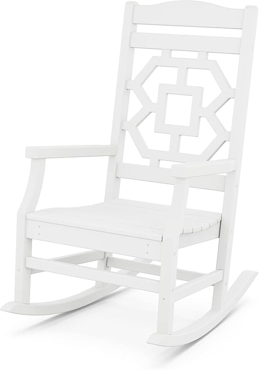 Martha Stewart by POLYWOOD Chinoiserie Outdoor Rocking Chair White Durable HDPE All-Weather Patio Furniture with Decorative Lattice Classic Porch Rocker for Deck Garden &amp Backyard Made in the