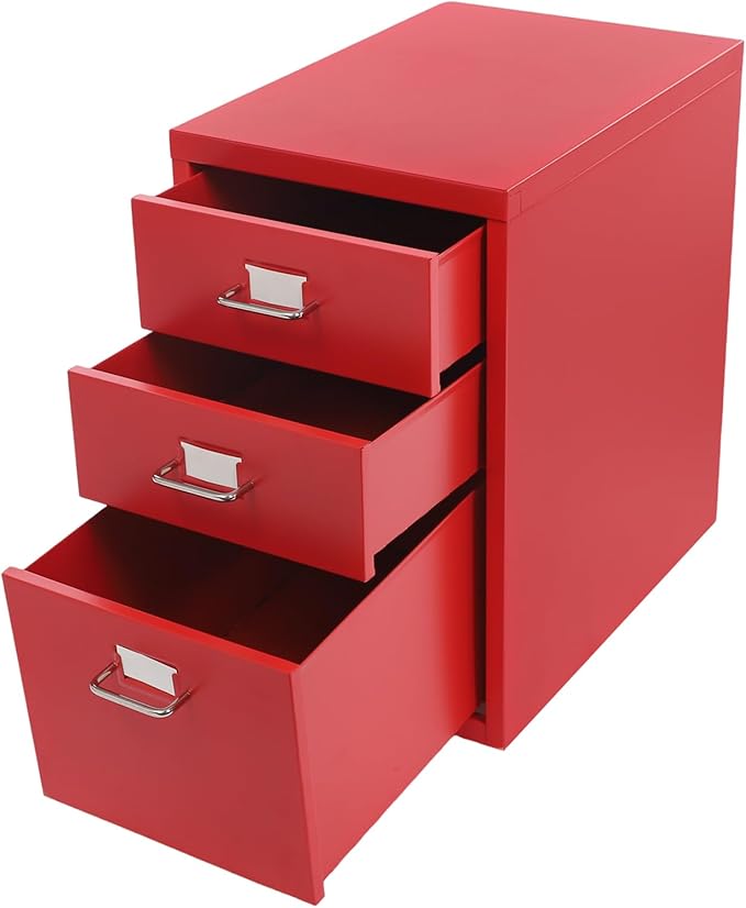 3 Drawers File Cabinet 16 * 11 * 18.9In Aluminum Alloy Mobile Filing Cabinet Rolling Filing Cabinets Rectangular Storage Cabinets with Lock&amp4 Wheels for Kitchen Bedroom Living Room (Red)