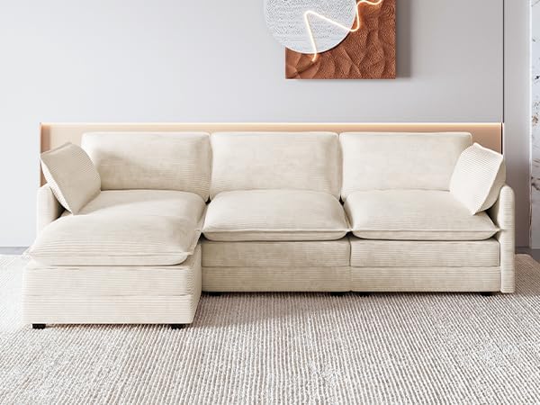 ROWHY 112'' Oversized Modular Sectional Cloud Couch with Movable Ottoman 4 Seat Modern Corduroy Sofa Deep Seat L Shaped Couch for Living Room Bedroom Apartment Cream