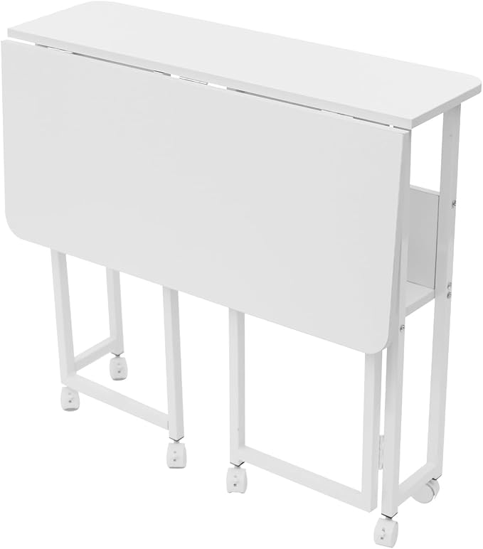31.5 Mobile Folding Desk with Wheels Small Foldable Desk for Small Spaces Computer Table Writing Workstation for Home Office Easy Assembly White
