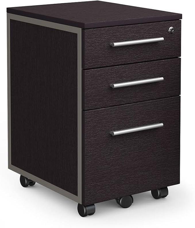 NBF Office Files Pedestal Cabinet - 3 Drawer File Cabinet with Lock - Brown Laminate Office Filing Cabinets - Modern Mobile File Cabinet Document Storage (26 H Espresso)