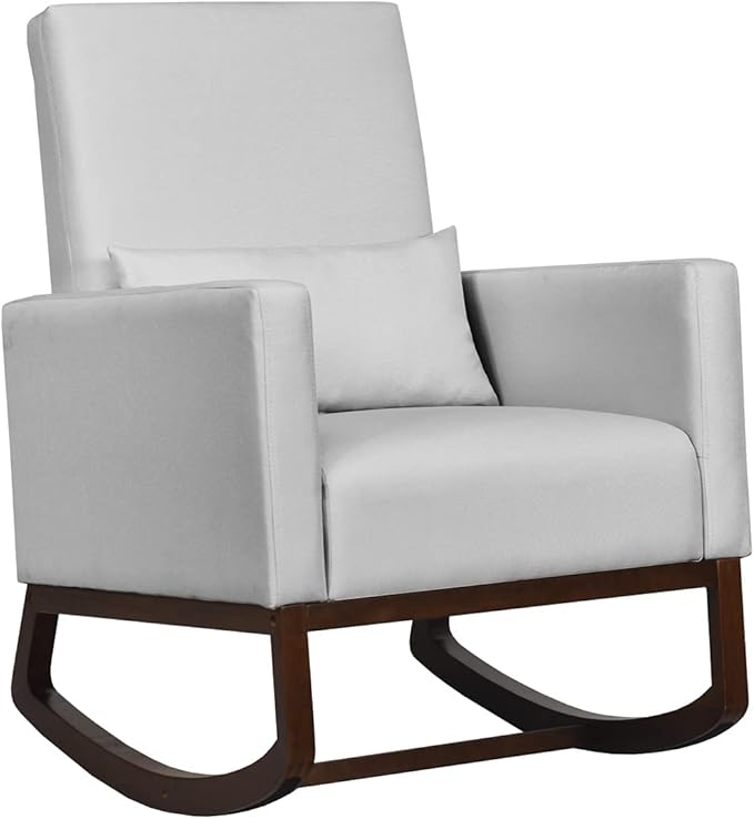 Giantex Upholstered Rocking Chair Modern High Back Armchair Comfortable Rocker with Fabric Padded Seat Waist Pillow and Wood Base Accent Chair for Nursery Living Room Bedroom Office Sliver