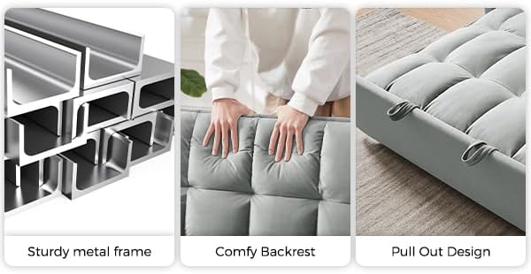 KEIKI 51.2 3-in-1 Convertible Sofa Bed Folding Pull-Out Sleeper Couch with Side Pockets Velvet Fabric Roller Legs Modern Living Room Sofa Light Gray