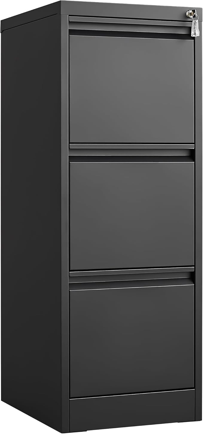 3 Drawer File Cabinet with Lock Small Filing Cabinet Under Desk Storage Organizer for Home Office Vertical Metal Locking DrawersBlack