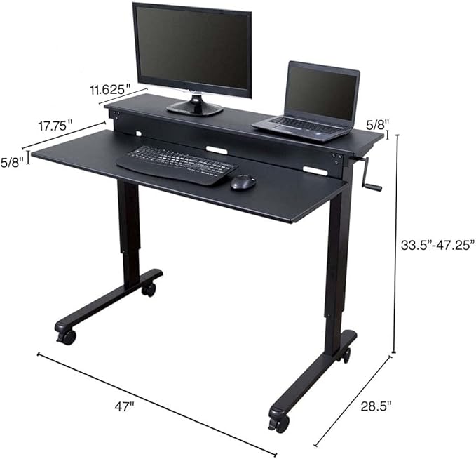 Stand Up Desk Store Crank Adjustable Two Tier Standing Desk with Heavy Duty Steel Frame (Black Frame/Black Top 48 Wide)