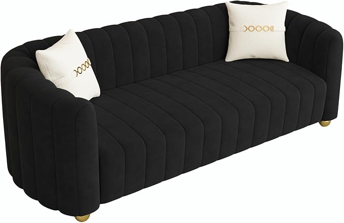 83 Black Velvet Couch Modern Sofas for Living Room Velvet Sofa 3 Seater Solid Wood Frame with Gold Metal Legs and Two Pillows Comfy Black Gold Sofa