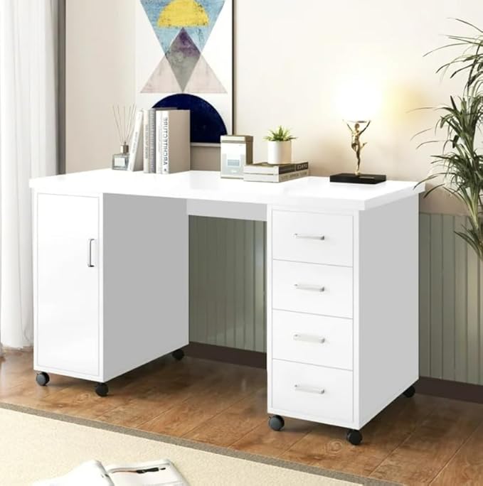 Computer Desk Writing Desk with Lockable WheelsModern Wood Study Desk with 4 Drawers for Home Office Workstation (White)