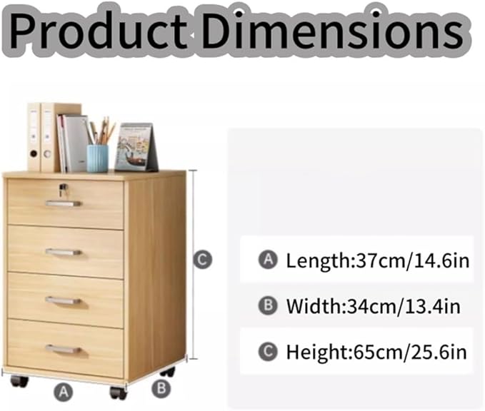 Mobile File Cabinet Wooden Low Desk Drawer with Four Drawers Lockable Storage Cabinet with Removable Wheels Multifunctional Locking Cabinet for Office(White)