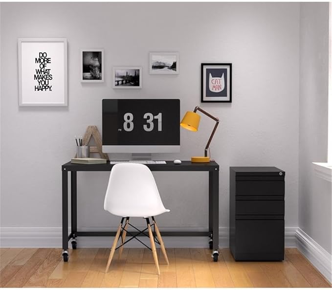Pemberly Row Mobile 3-Drawer Filing Cabinet 23 D Steel Black Box/Box/File Full Extension Drawers Hidden Casters Lockable Letter-Size Hanging File Storage Commercial Office Use