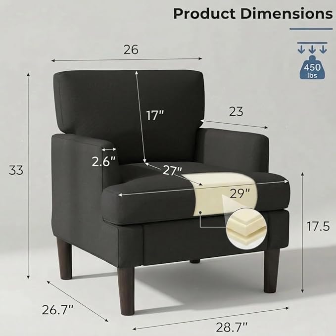 Kromax Accent Chair for Living Room Set of 2 No Screws Assembly Required Mid-Century Reading Chair for Bedroom Comfy Upholstered Armchair with Sturdy Legs Single Sofa Chair for Apartment Black