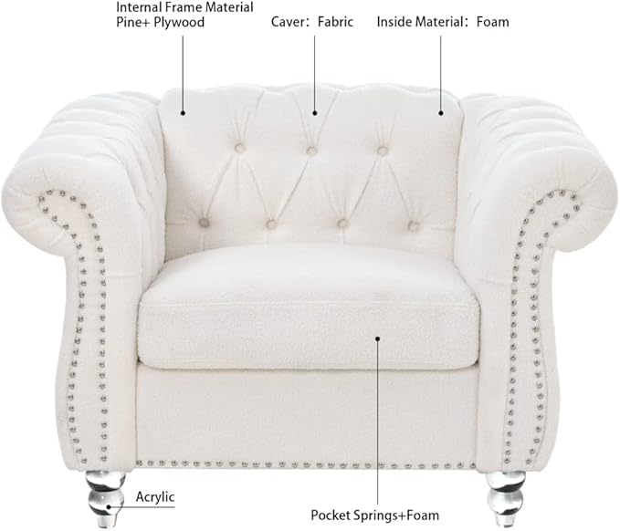 Modern Chesterfield Armchair Fabric Rolled Arm Tufted Back Accent Chairs Upholstery Nailhead Trim for Living Room Office (White)