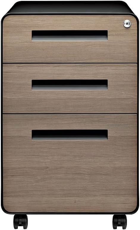 Laura Davidson Furniture Stockpile 3 Drawer File Cabinet with Lock - Under Office Desk Metal Filing Cabinet Legal/Letter File Folders Wheels and Stationary Feet Pre-Assembled Black/Wood