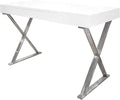 Barry 47 White Gloss Computer Desk with Center Drawer Sleek X Frame Sled Style Stainless Steel Base Modern Minimalist Office Desk for Home Study or Workspace (Silver)