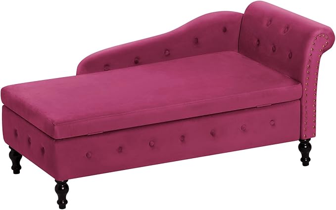 Upholstered Chaise Lounge with Right Armrest &amp Lumbar PillowButton Tufted Lounge Sofa with StorageLounge Chair IndoorModern Velvet Lounge Chair for Bedroom Living Room and OfficeFuchsia