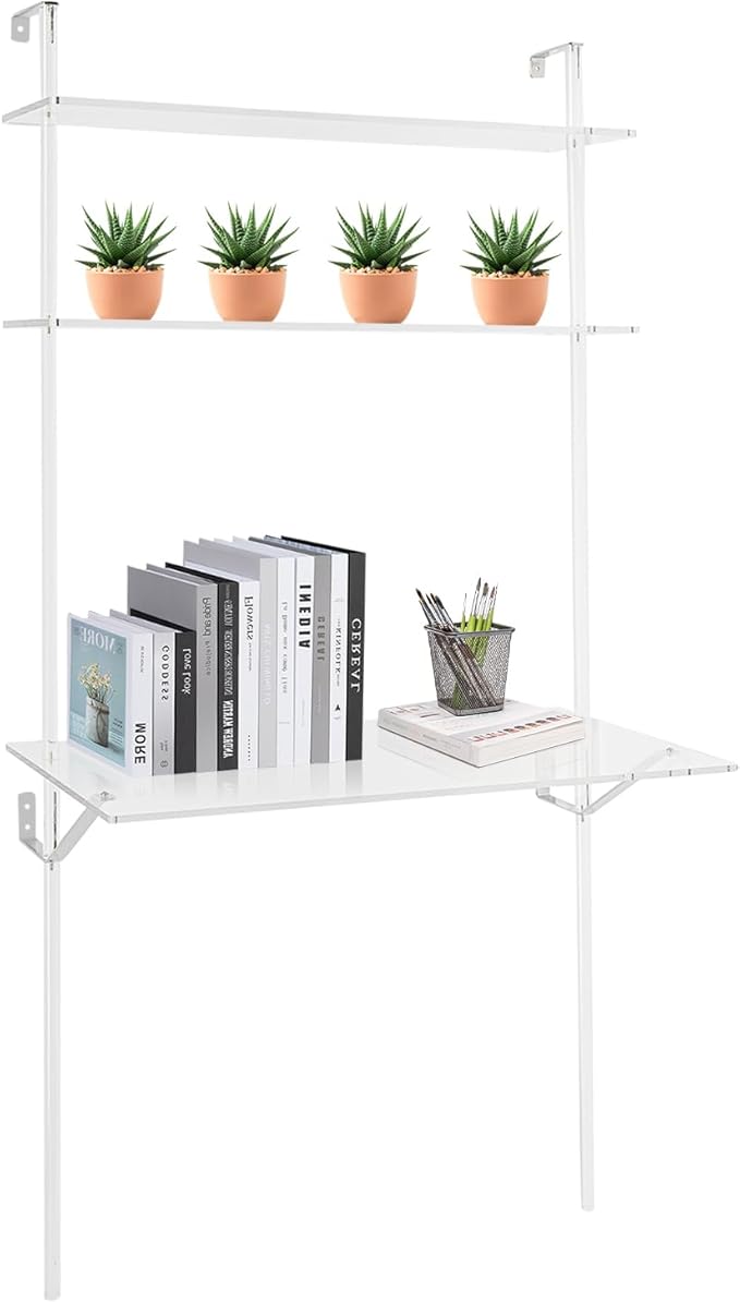 90x50x176cm Clear Acrylic Wall-Mount Ladder Desk - Stylish Space-Saving Design for Home or Office. Easy to Install Perfect for Computers and Work.