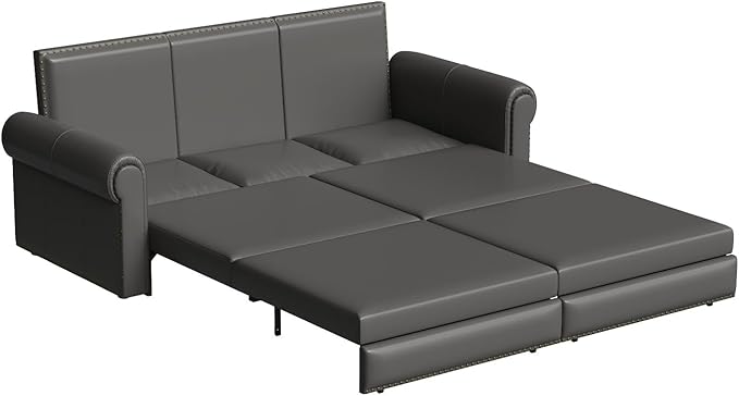 93.7 King Size Chesterfield 3-seat Pull Out Sofa Bed Leather Sofa Bed with Nailhead Trim and Rolled Arm 3-in-1 Sofa Sleeper for Living Room Apartment Office Grey