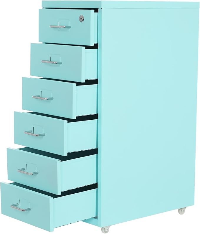 6-Drawer File Cabinet with Lock - Metal File Organizer for Home Office Letter/A4 Size File Cabinets for Home Office Blue Office Cabinet with Wheels &amp Key File Organizer Box for Documents