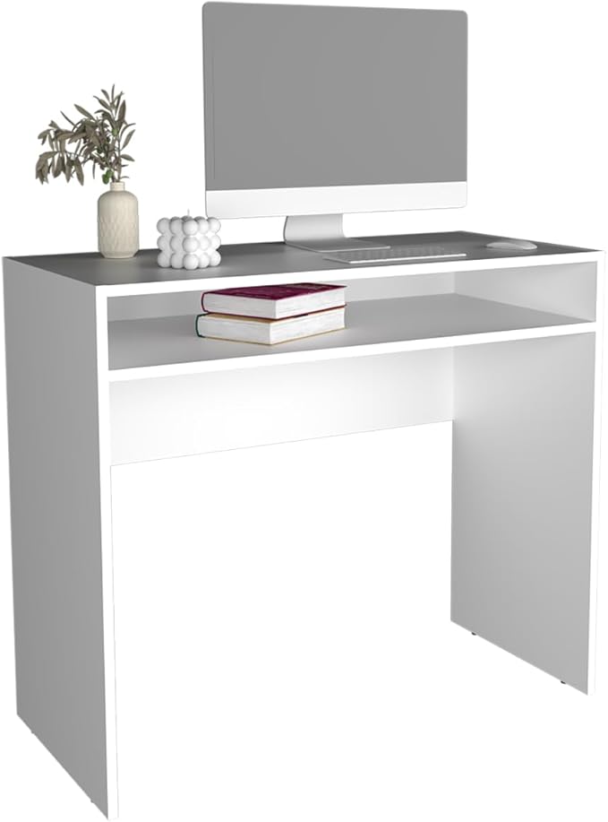 Computer Desk with Storage Shelf Minimalist White Design Perfect for Home Office