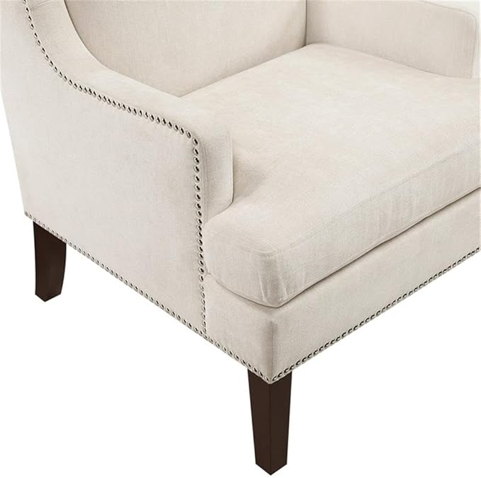 Pemberly Row Accent Chair Textured Beige Upholstery Wingback Design with Nailhead Trim Plush Cushioned Seat Wooden Legs 21 in Seat Width Modern Classic Style for Living Room Bedroom or Office
