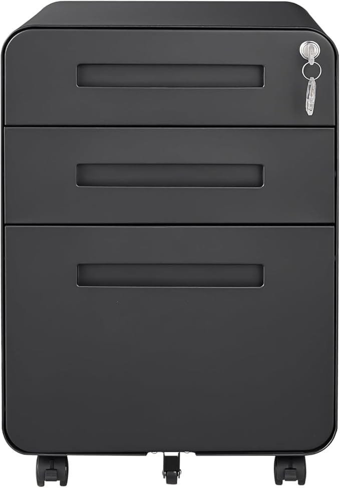 3 Drawer Metal File Cabinet with Lock Under Desk Mobile Filing Cabinet with 5 Wheels Anti-tilt Rolling Storage Organizer for Home Office Fits A4/Letter/Legal Standard Size Fully Assembled Black