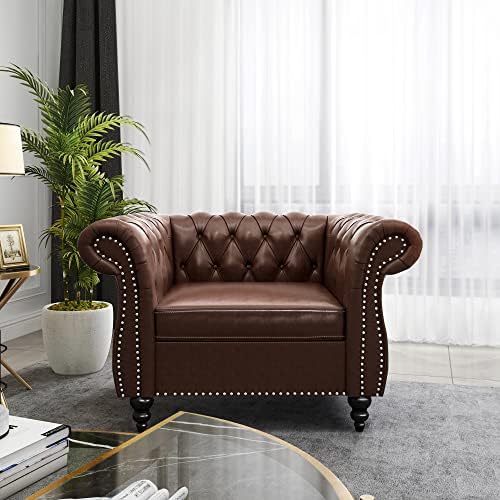 RARZOE PU Chesterfield Chairs Chesterfield Faux Leather Club Chair Chesterfield Button Tufted Leather Accent Chair with Nailhead Trim Scrolled Arms for Living Room Bedroom Office Dark Brown