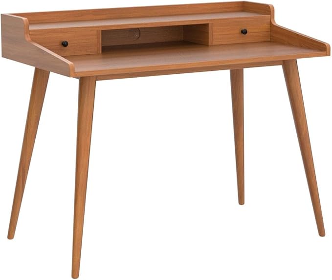 Mid Century Modern Desk 41 Wood Home Office Writing Computer or Laptop Desk with Monitor Stand Riser and Open Storage Cubby Vanity Desk with 2 Drawers