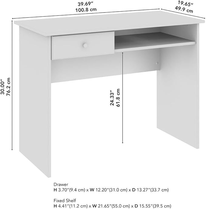 Bush Home Cabot 40W Small Writing Desk with Drawer and Shelf in White Compact Work Table for Home Office or Living Room