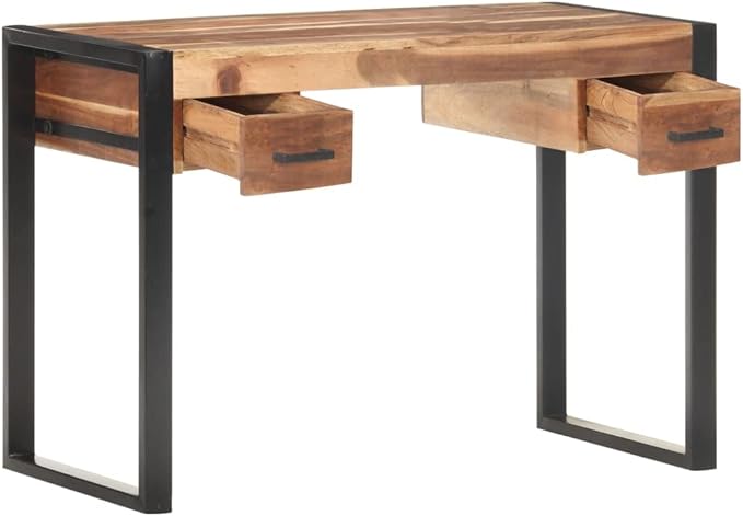 Farmhouse 43.3 Home Office Writing Desk with Drawers Wooden Home Office Desk Workstation with Steel Legs PC Laptop Desk Console Table for Living Room Study Room Brown