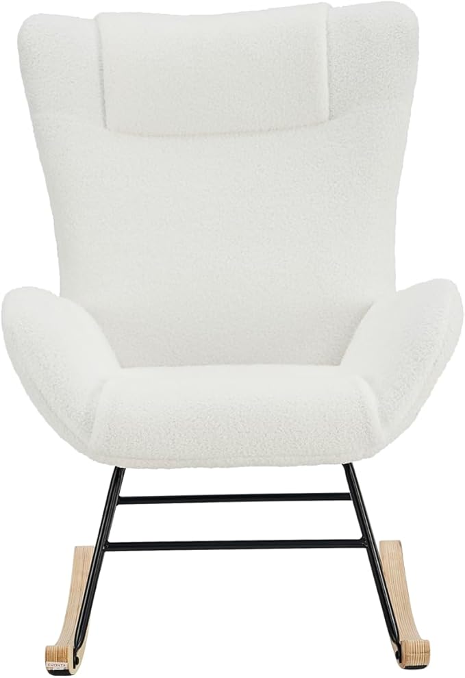 Rocking Chair Nursery Solid Wood Legs Reading Chair with Teddy Fabric Upholstered Nap Armchair for Living Rooms Bedrooms Offices Best GiftWhite Teddy Fabric