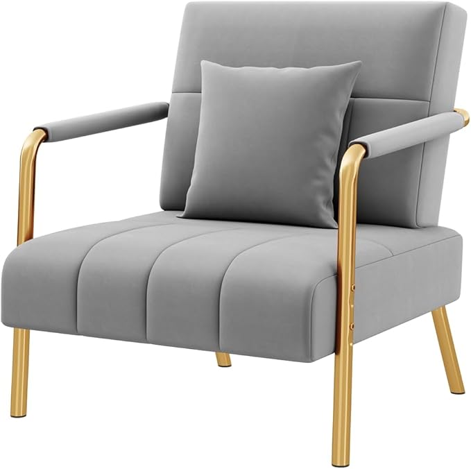 Yaheetech 30 W Accent Chair Velvet Oversized Armchair Living Room Chair with Golden Frame &amp Cozy Pillow for Living Room Bedroom Office Light Gray