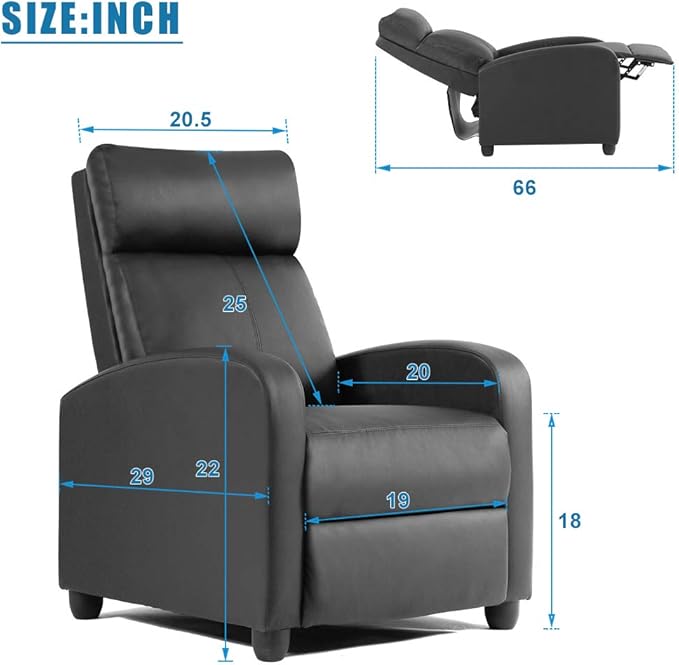 Recliner Chair for Living Room Massage Recliner Sofa Home Theater Seating Modern Reclining Chair Winback Single Sofa Reading Chair Easy Lounge with PU Leather Padded Seat Backrest (Black)