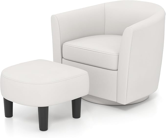 GOFLAME Swivel Barrel Chair with Ottoman Modern Linen Fabric Accent Chair with Footrest Curved Backrest Removable Seat Cushion Upholstered Club Tub Sofa Chair for Bedroom Living Room Ivory