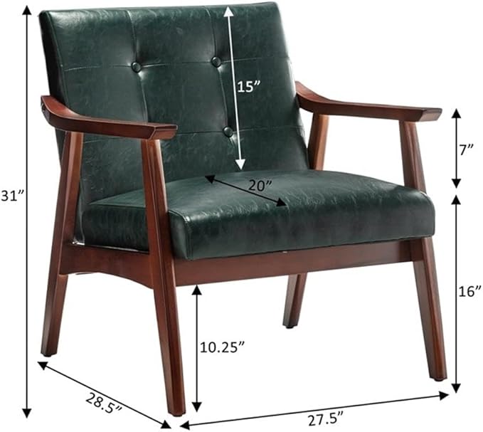 Pemberly Row Accent Chair 28.5 x 27.5 x 31 in Green Faux Leather Upholstery Solid Rubberwood Espresso Frame Button-Tufted Mid-Century Modern Seating for Living Room or Home Office