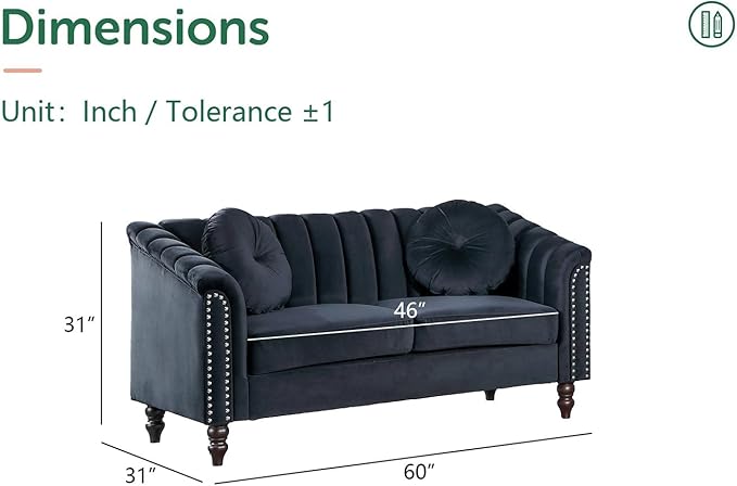 Chesterfield Loveseat Couch 60 Inch Luxurious Velvet Modern Love Seat Chesterfield Settee Sofa Upholstered Rolled Arm with Rivets/2 Button Tufted Pillow 2 Seater Sofa for Living RoomBlack