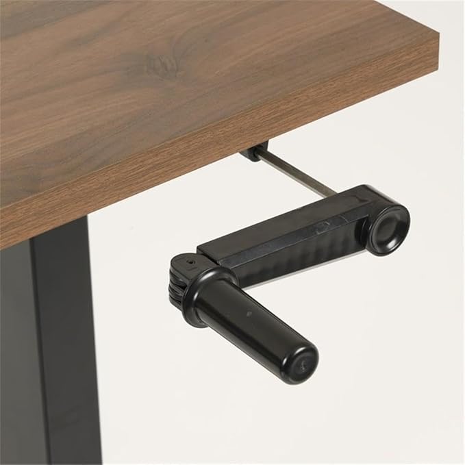 Pemberly Row Adjustable Height Desk 47.25 Wood Worksurface in Danish Walnut Black Steel Base Ergonomic Design Crank Height 27.75-47.5 in Home Office or Study Desk