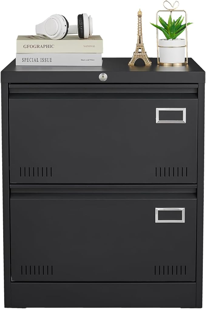 Metal Lateral File Cabinet with 2 Drawers Office Filing Storage Locking Cabinet for Home Office Heavy Duty Office Storage Cabinet for Legal/Letter/A4/F4 Size (Require Assembly) (Black)