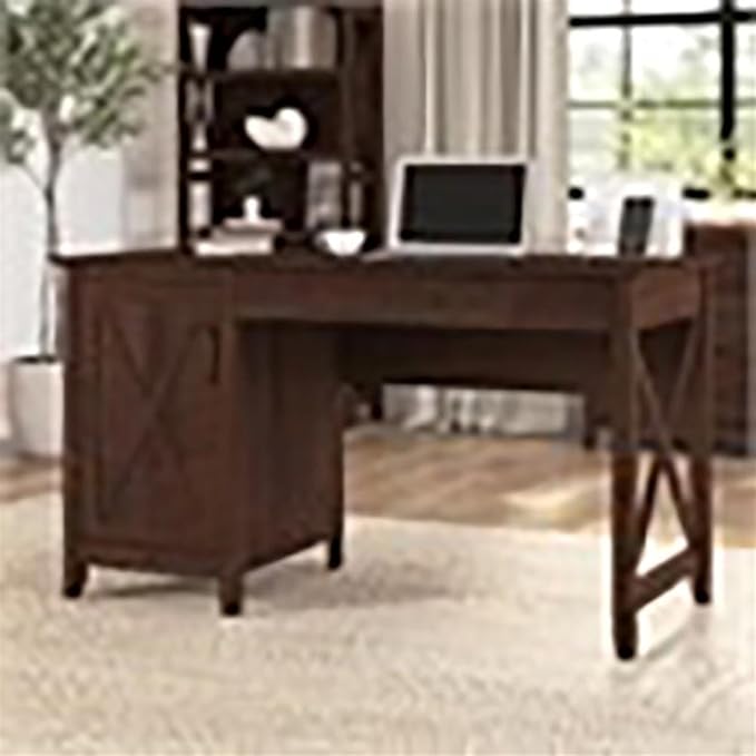 Scranton &amp Co Wood Computer Desk 54W x 24D x 30H Bing Cherry Finish Storage Cabinet with Adjustable Shelf Keyboard Tray Sturdy Post Leg Design Home Office Desk for Work and Organization