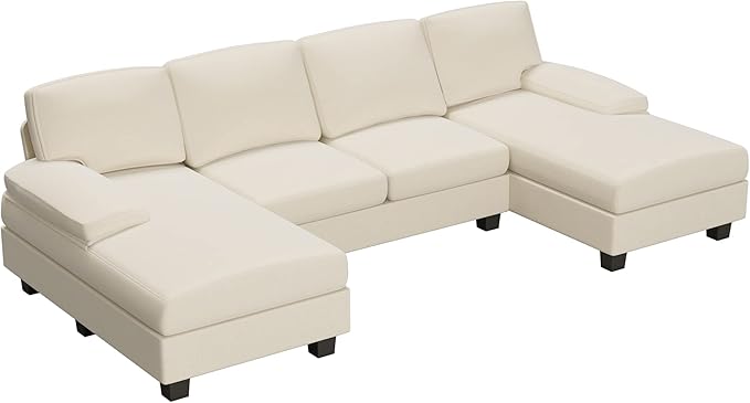 Furniwell Convertible Sectional Sofa Couch 4 Seat Sofa Set for Living Room U-Shaped Modern Fabric Modular Sofa Sleeper with Double Chaise &amp Memory Foam (Fabric White)