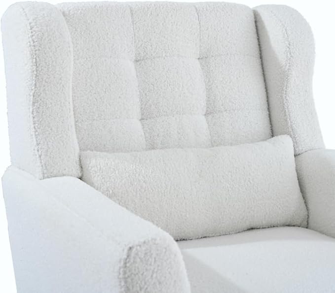 Modern Accent ChairChenille Arm Chairs for Living RoomUpholstered Mordern ArmchairComfy Soft Padded Lounge Chair in Small Space Bedroom w/Pillow Solid Wood Leg (White + Teddy)
