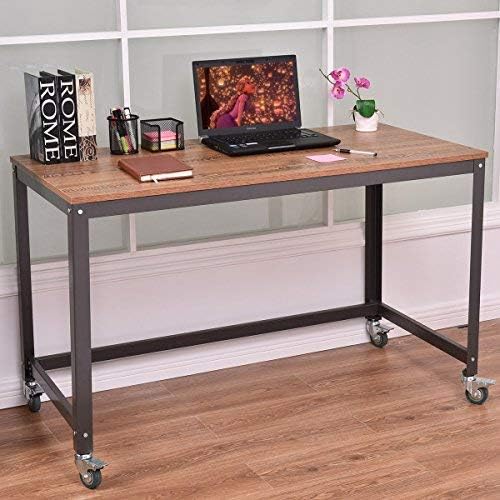 COSTWAY Computer Wood Portable Compact Simple Style Study Writing Desk Workstation 4 Smooth Wheels Home Office Collection Work Table Brown