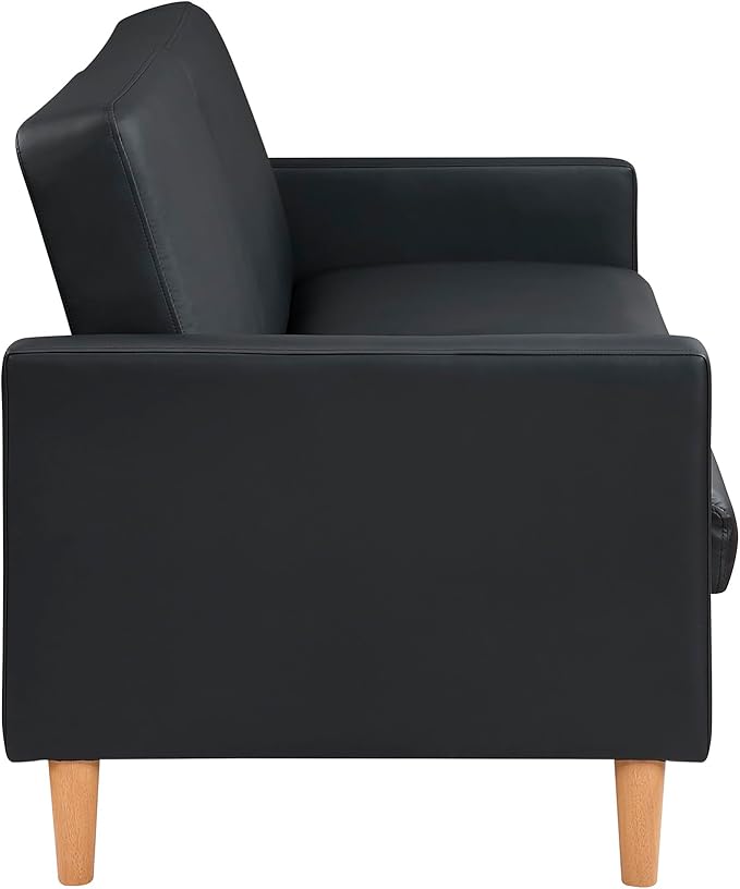 Lexicon 79W Convertible Futon Sofa Bed Loveseat Faux Leather Upholstered Couch Sleeper Adjustable Backrests Padded Pocket Coil Solid Wood Legs for Living Room Bedroom Apartment Office Black