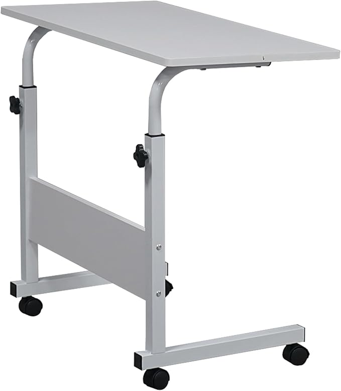 Mobile Height Adjustable Laptop Stand Computer Workstation for Sitting Classroom Medical Table w/Wheels Removable Steel Side Table with Baffle for Couch Home Office White L