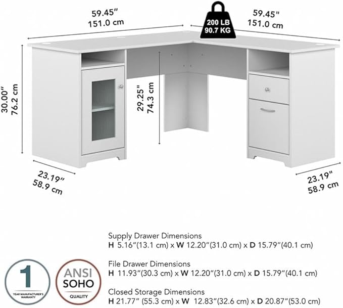 BOWERY HILL 60W L Shaped Computer Desk with Storage Engineered Wood White Finish Fluted Glass Door 2 Drawers Wire Management Home Office Corner Desk for Workspace Organization